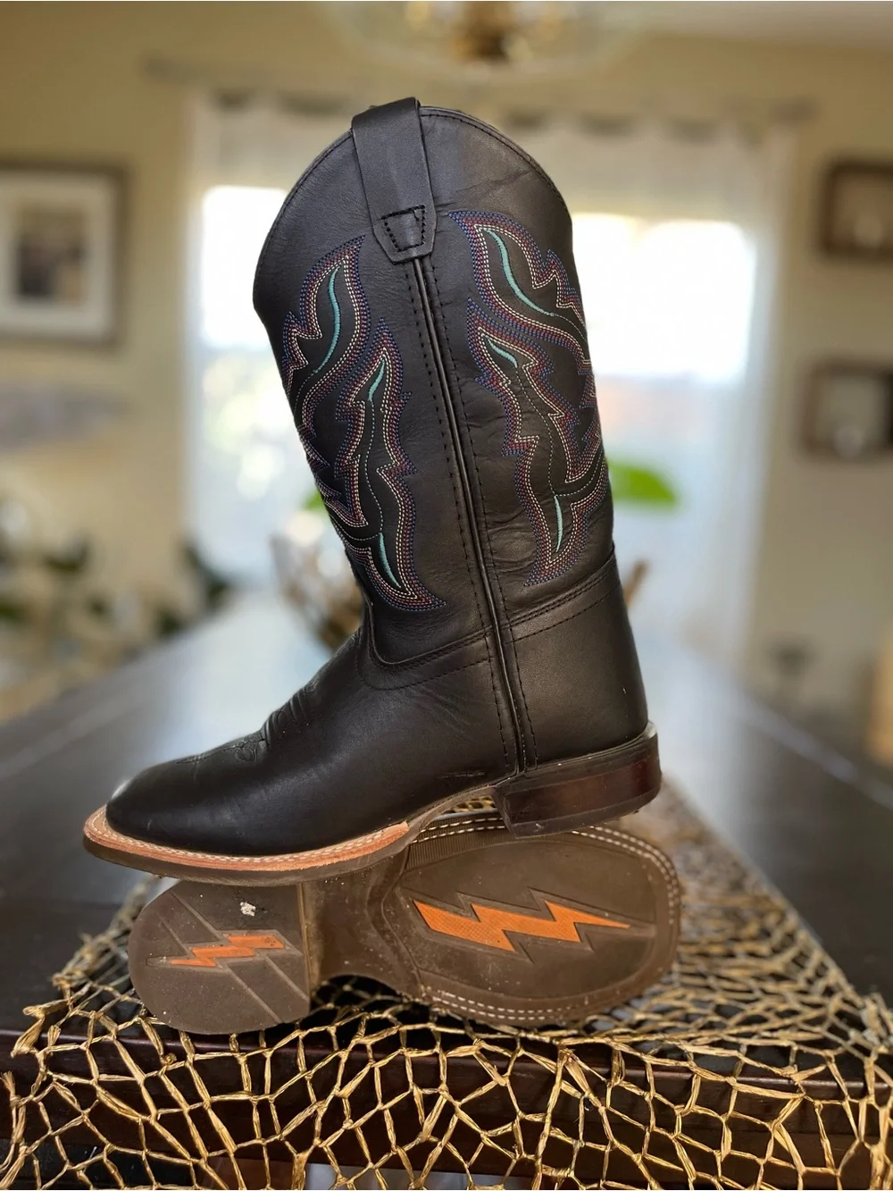 Shyanne Girls Leather Western Cowboy Square Toe Boots with Teal & Pink Stitching